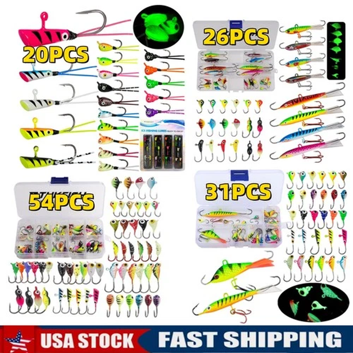 14/26/40PCS Ice Fishing Jigs Luminous Ice Fishing Lures Glowing Jig Gear Winter