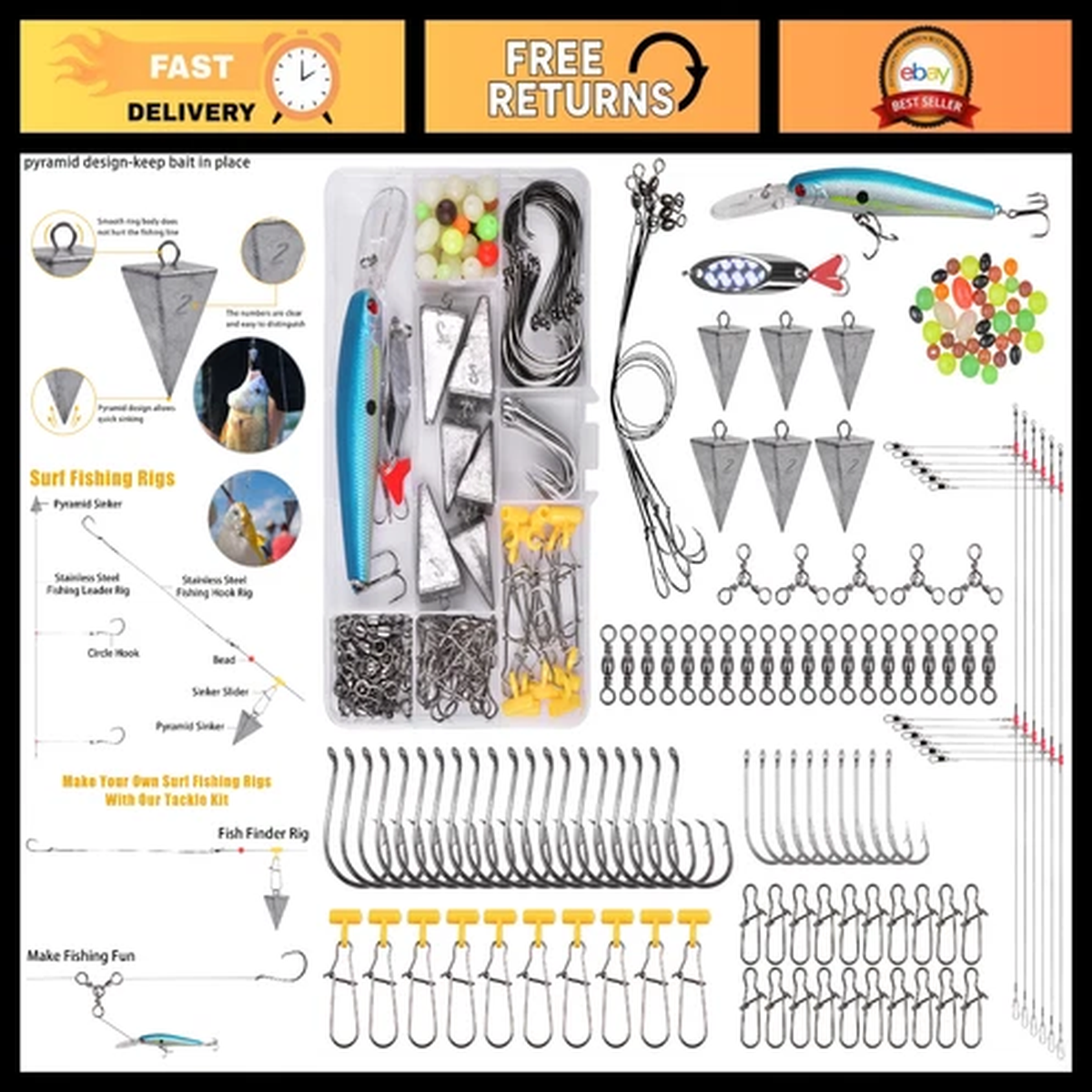 136pcs Saltwater Fishing Tackle Kit - Surf Gear, Lures, Rigs, Hooks & Accessorie